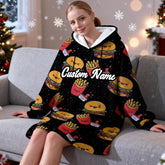 Custom Name Wearable Blanket Hoodie – Funny Food Print, Cozy Fleece Flannel Sweatshirt for Women, Men, Teen Girls – Fun Christmas Gift